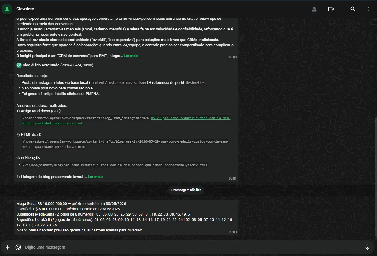 Chat com agente de IA respondendo em linguagem natural