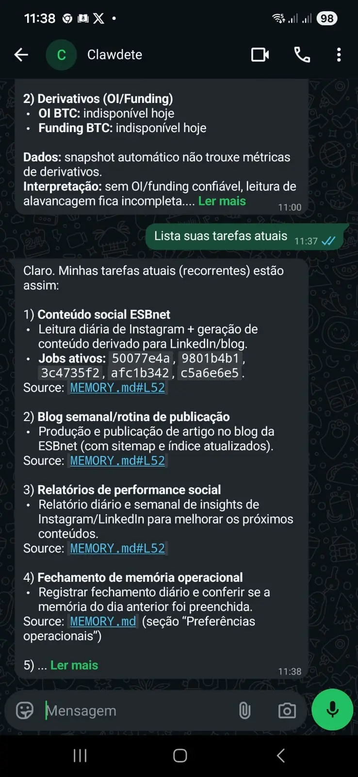 Agente Clawdete no WhatsApp mobile listando tarefas operacionais