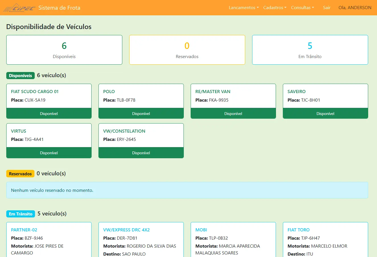 Sistema Frota — disponibilidade dos veículos em tempo real