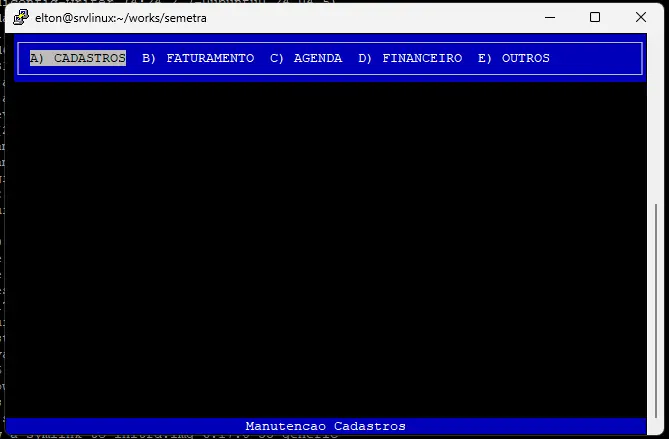 Menu principal: A) CADASTROS B) FATURAMENTO C) AGENDA D) FINANCEIRO E) OUTROS