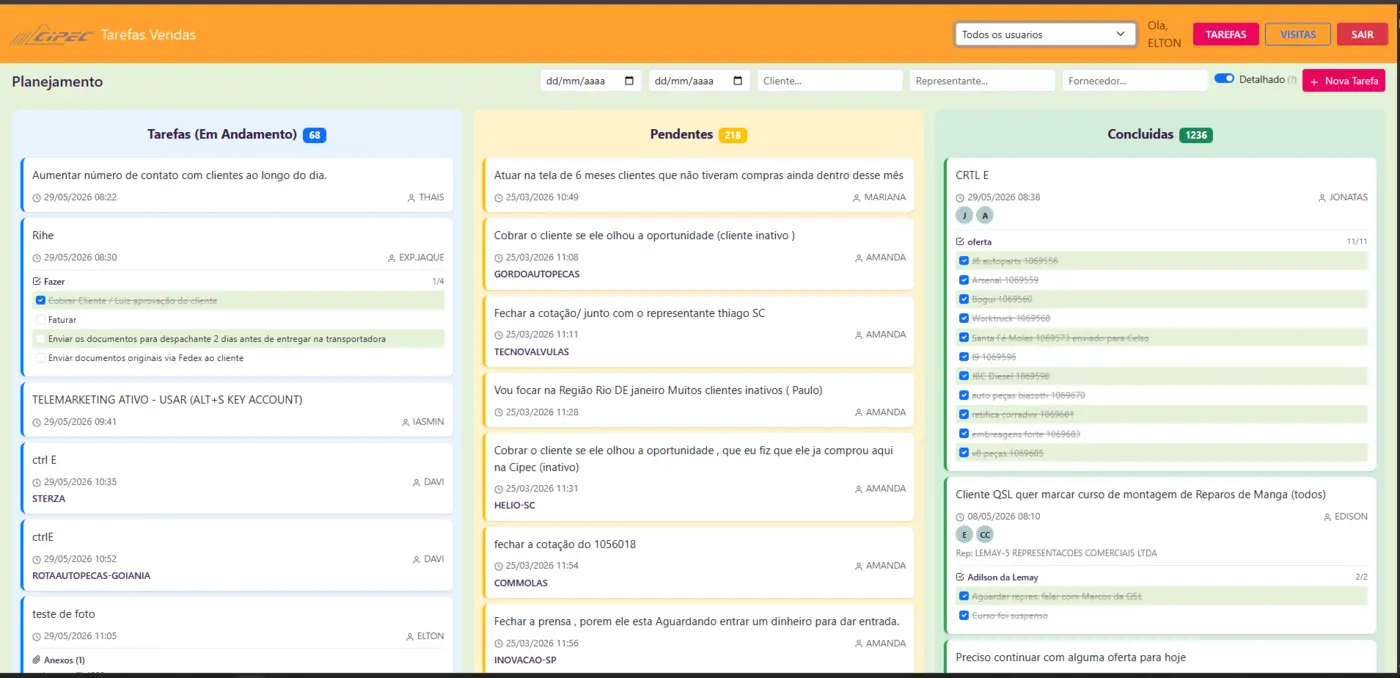 Kanban do sistema Tarefas com colunas Em Andamento, Pendentes e Concluídas